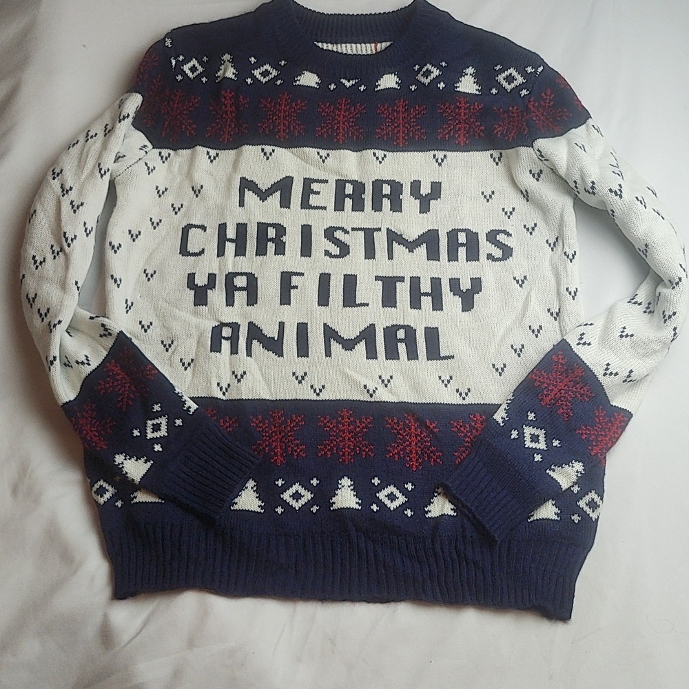 Ugly Christmas Sweater Merry Christmas Ya Filthy Animal Fair Isle Knit Navy